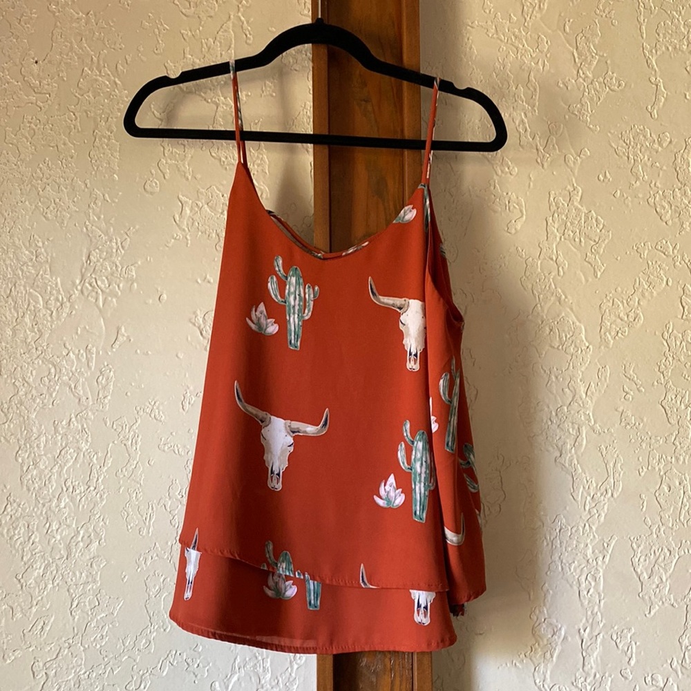 Burnt orange, longhorn in cactus cross back tank top
